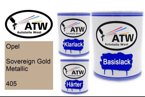 Opel, Sovereign Gold Metallic, 405: 1L Lackdose + 1L Klarlack + 500ml Härter - Set, von ATW Autoteile West.